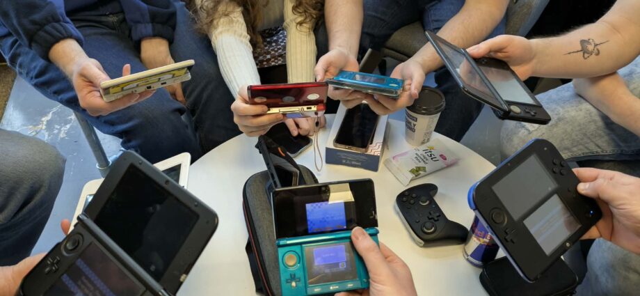 a photo of everyone on their 3DSes playing mario kart on local play.